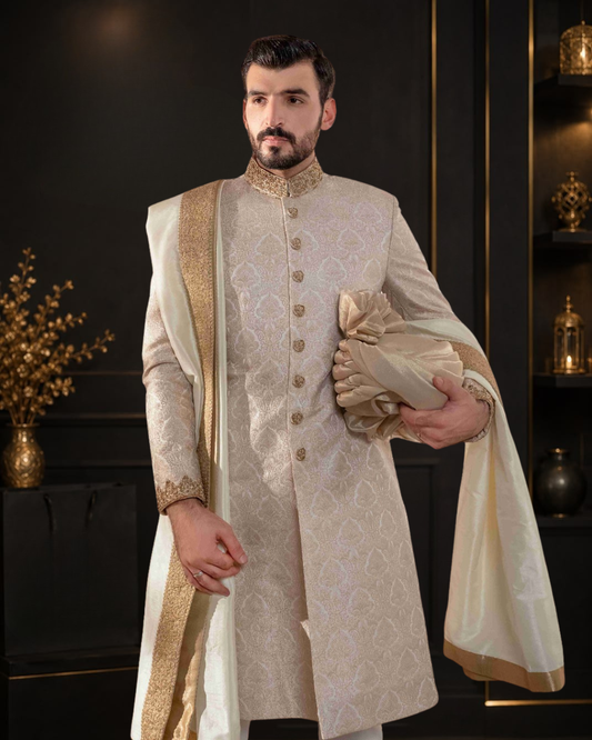 Silver Atlas Self Printed Wedding Sherwani