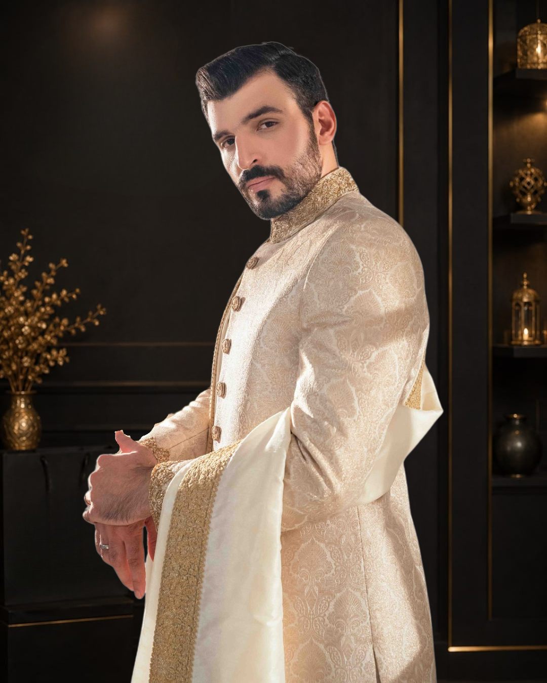 Silver Atlas Self Printed Wedding Sherwani