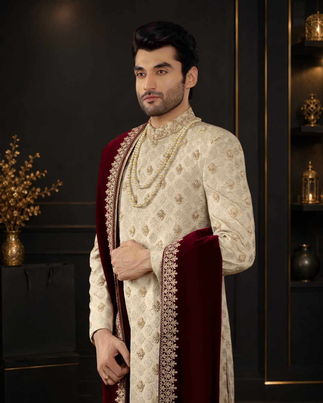 Light Pista Embroidered Silk Wedding Sherwani