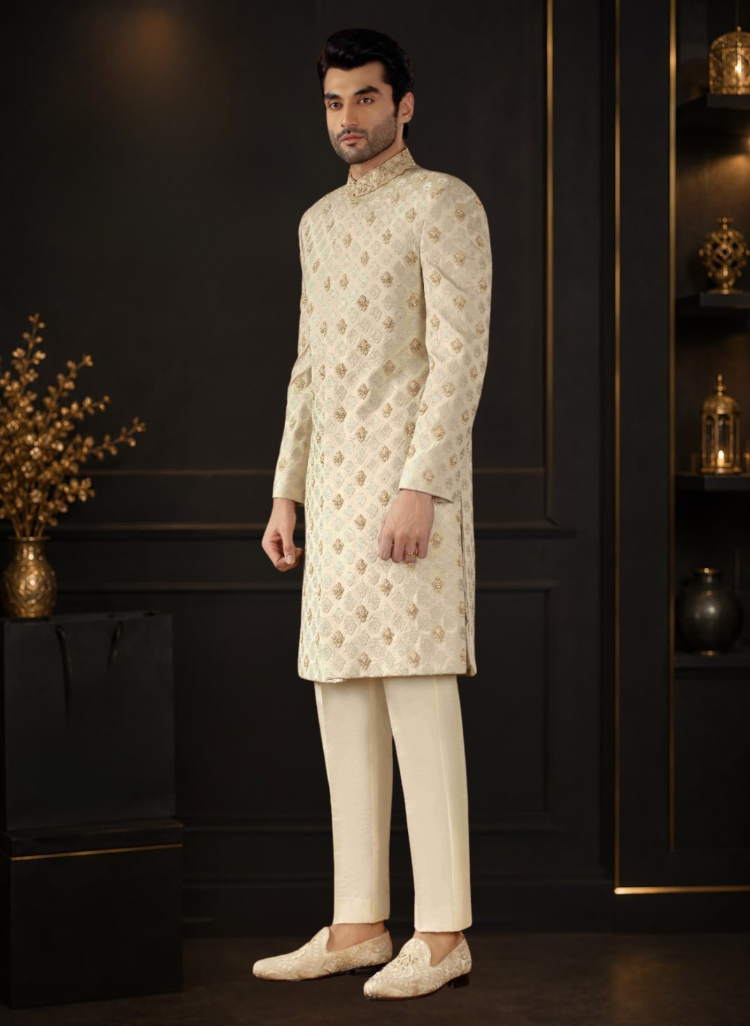 Light Pista Embroidered Silk Wedding Sherwani