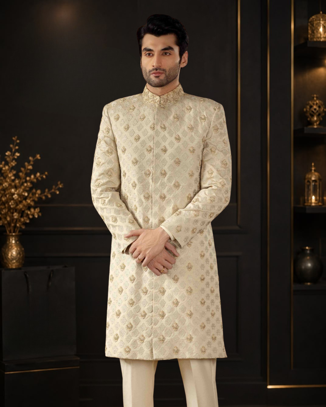 Light Pista Embroidered Silk Wedding Sherwani