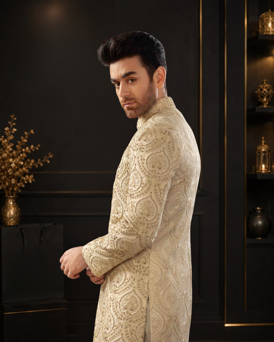 Skin Self Embroidered Kundan Zari Wedding Sherwani