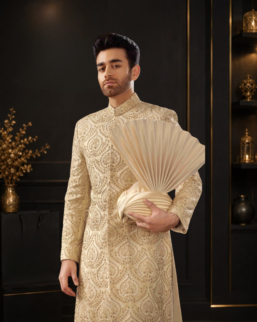 Skin Self Embroidered Kundan Zari Wedding Sherwani
