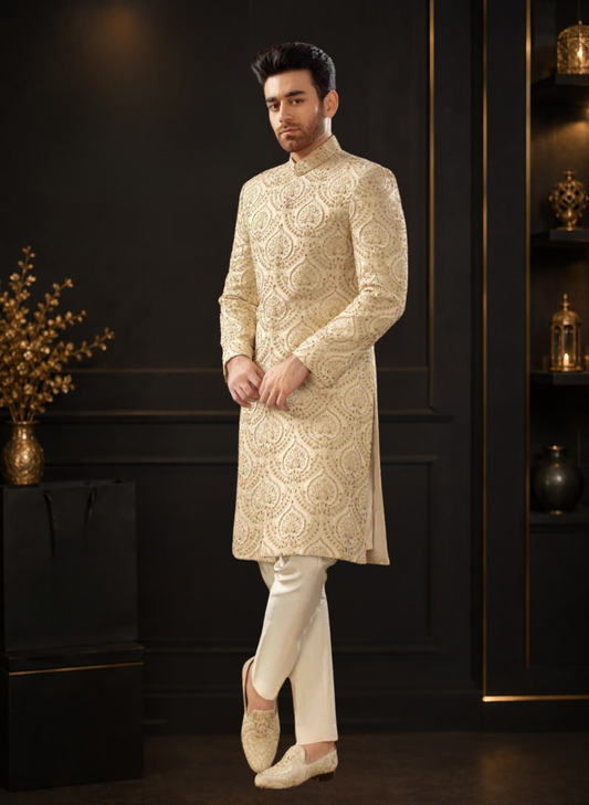 Skin Self Embroidered Kundan Zari Wedding Sherwani