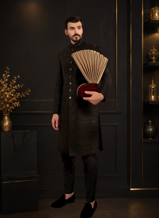 Black Self Embroidered Silk Wedding Sherwani