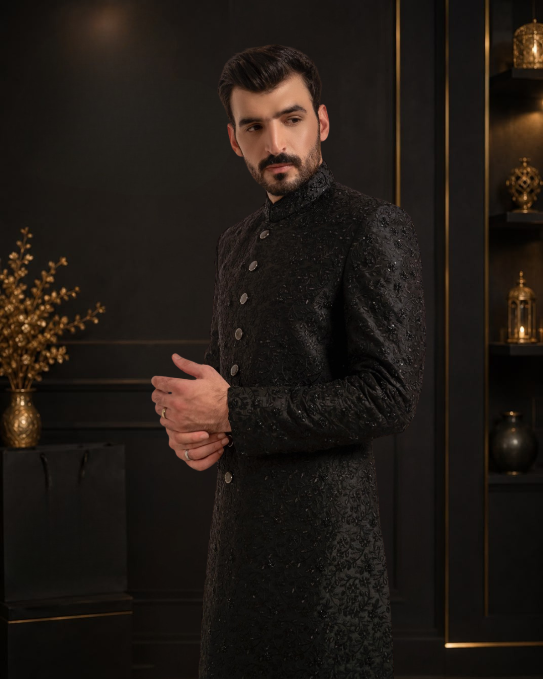 Black Self Embroidered Silk Wedding Sherwani