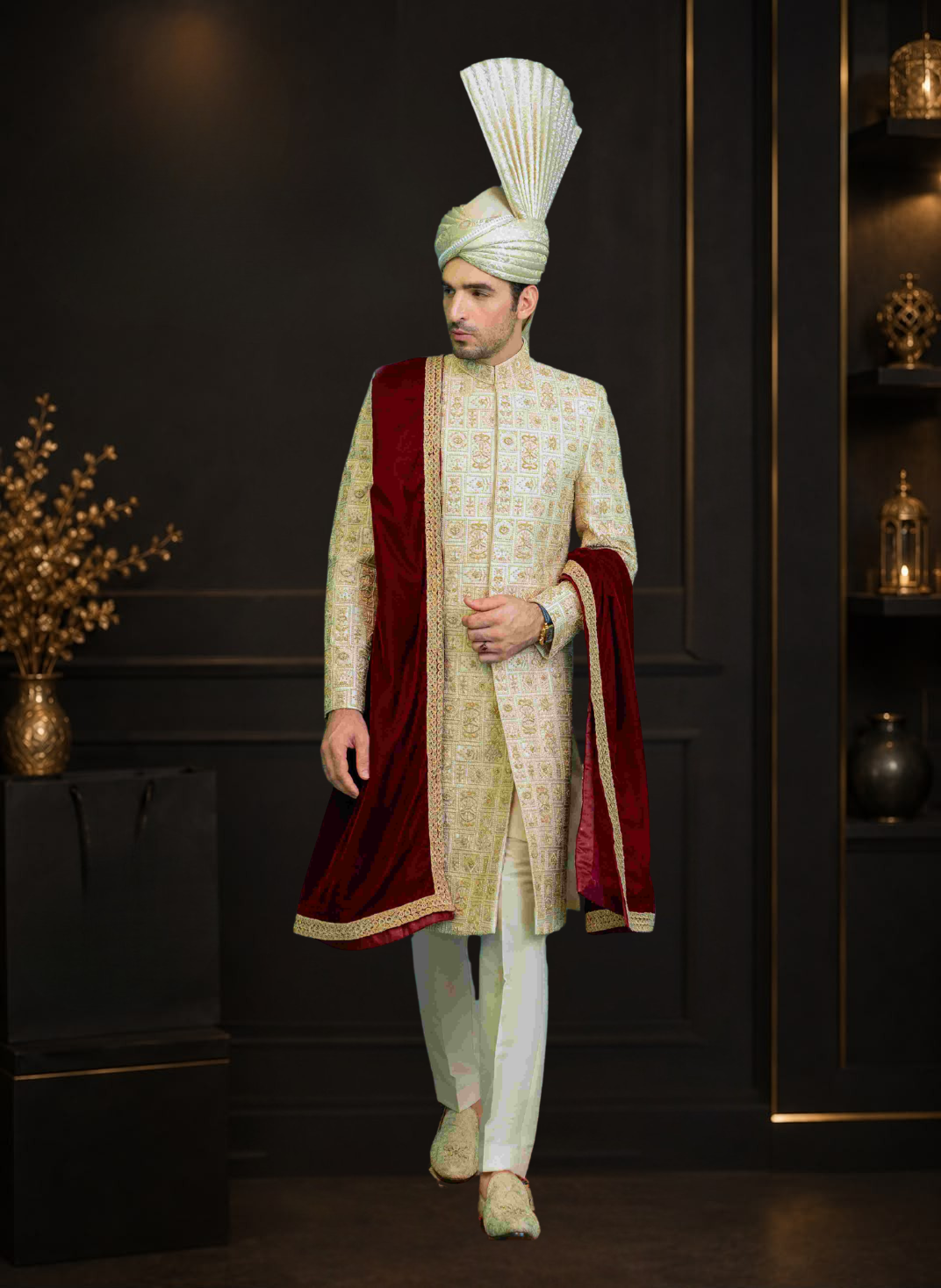 Skin Gold Fully Hand Embellished Silk Wedding Sherwani