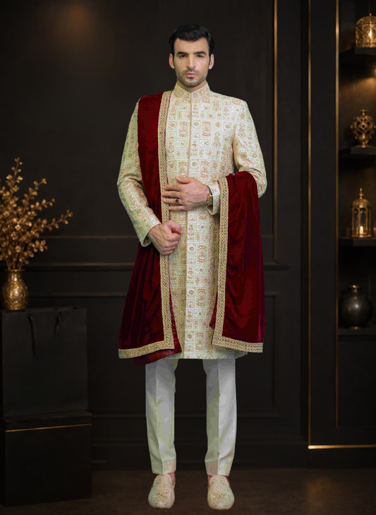 Skin Gold Fully Hand Embellished Silk Wedding Sherwani