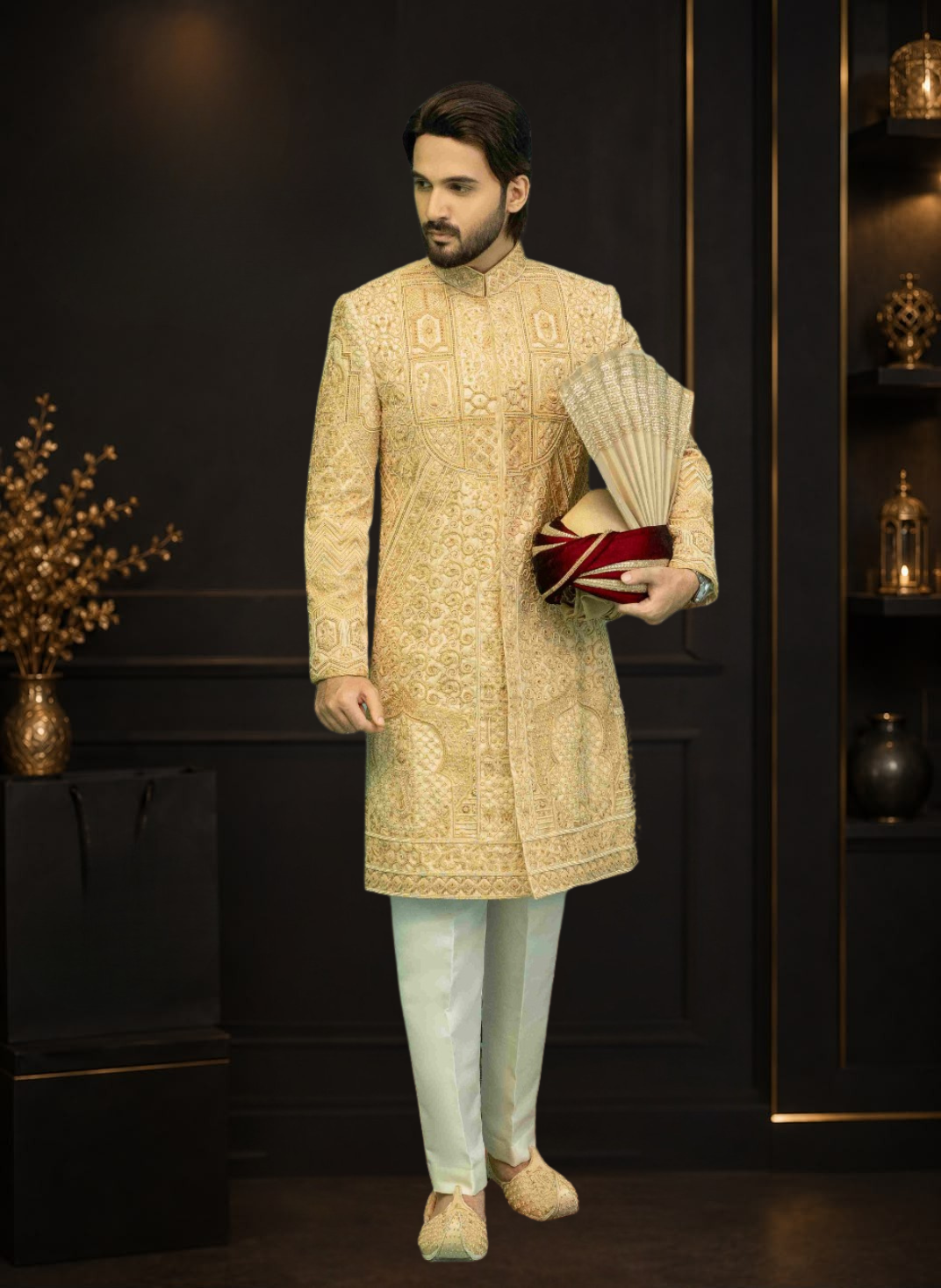 Skin Gold Self Printed Jamawar Wedding Sherwani