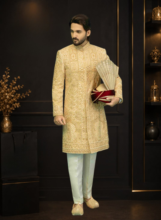 Skin Gold Self Printed Jamawar Wedding Sherwani