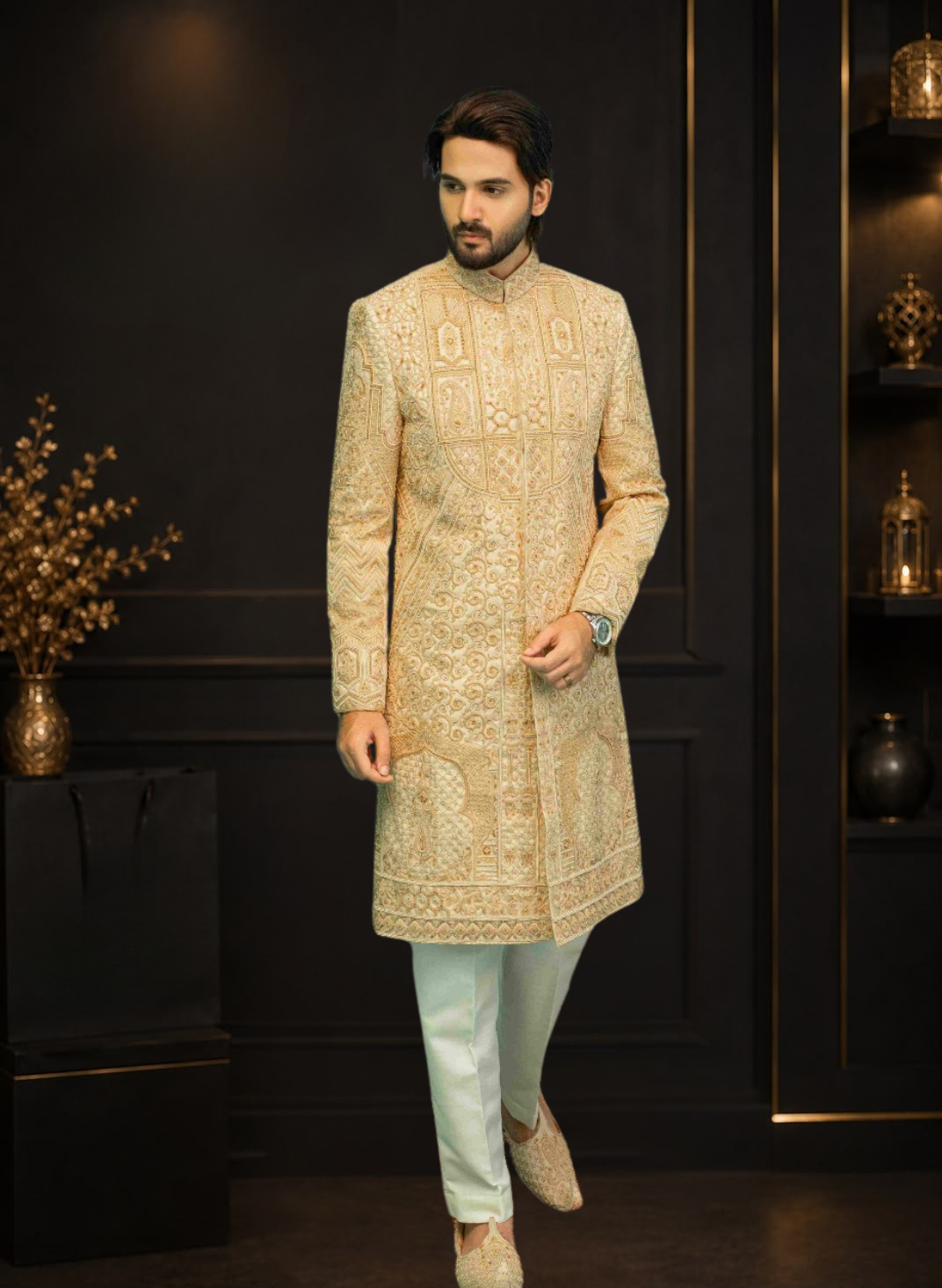 Skin Gold Self Printed Jamawar Wedding Sherwani
