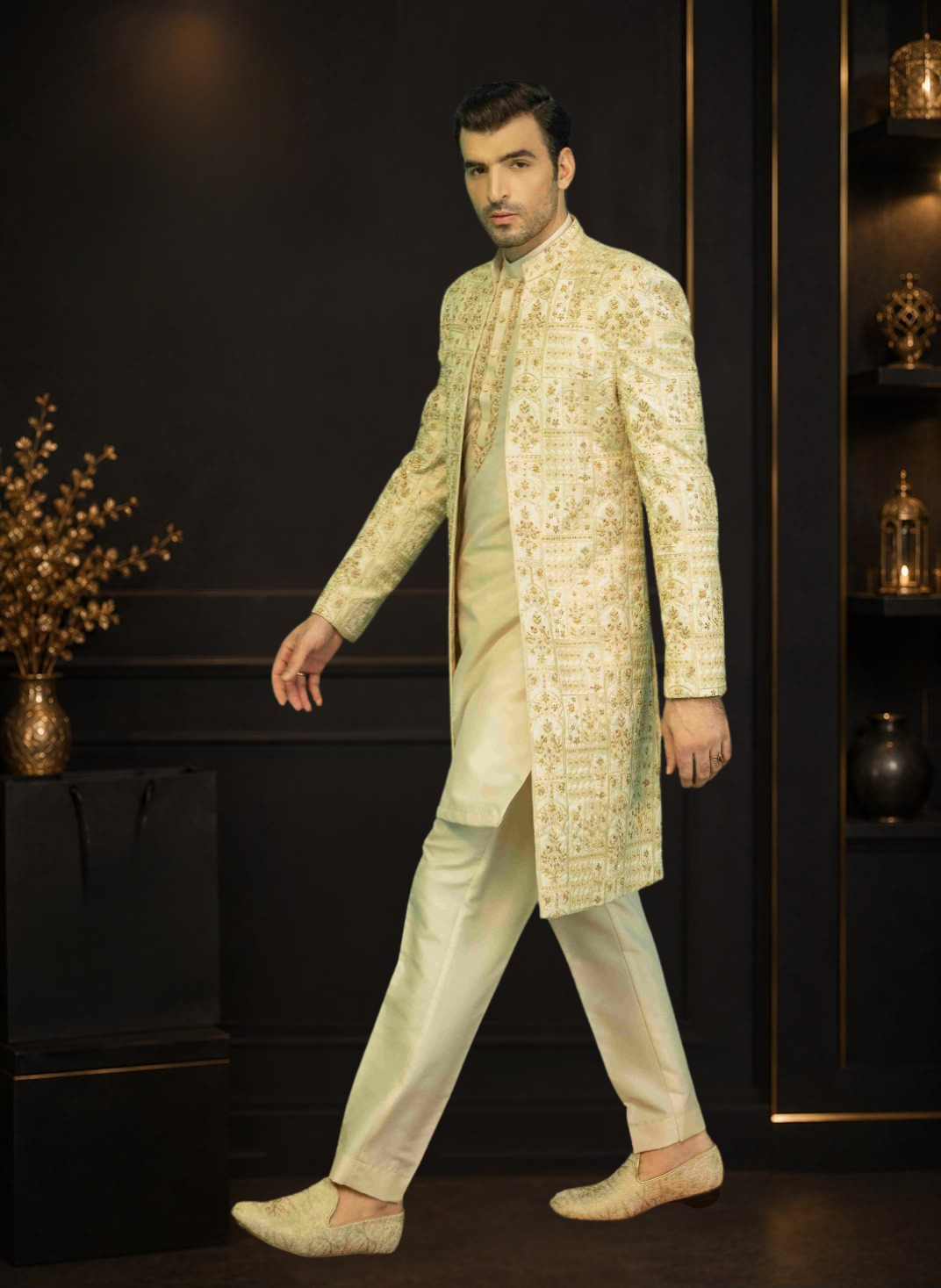 Skin Gold Self Embroidered Silk Open Gown Wedding Sherwani