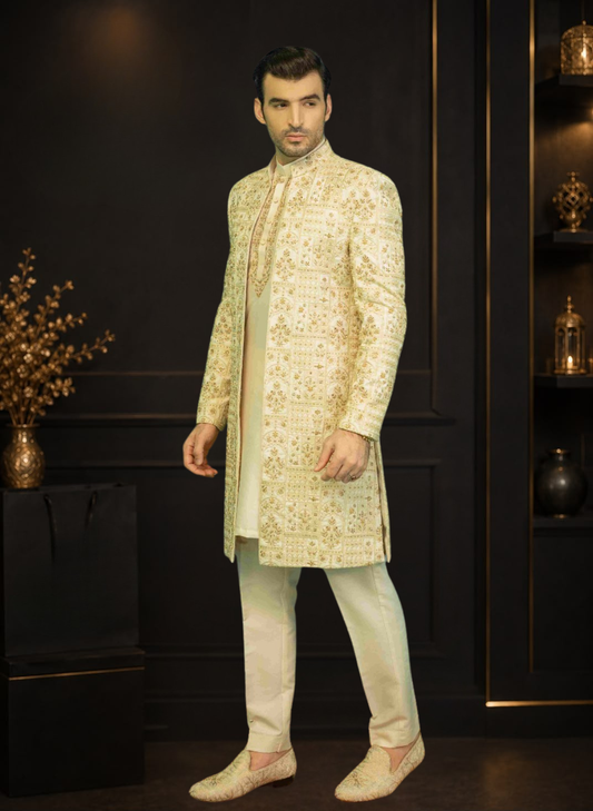 Skin Gold Self Embroidered Silk Open Gown Wedding Sherwani