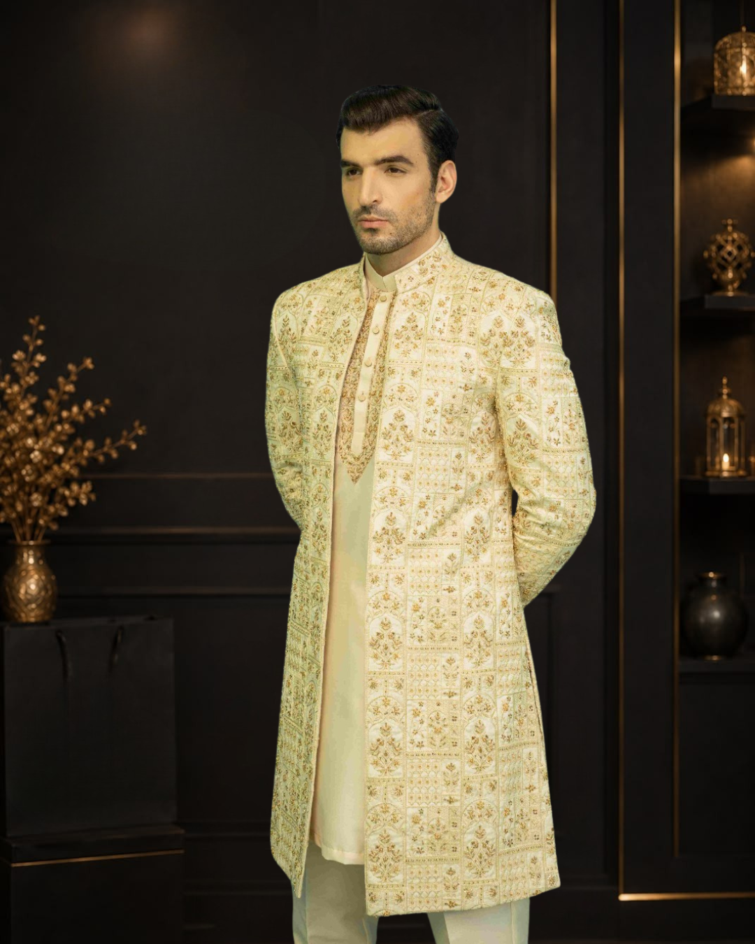 Skin Gold Self Embroidered Silk Open Gown Wedding Sherwani