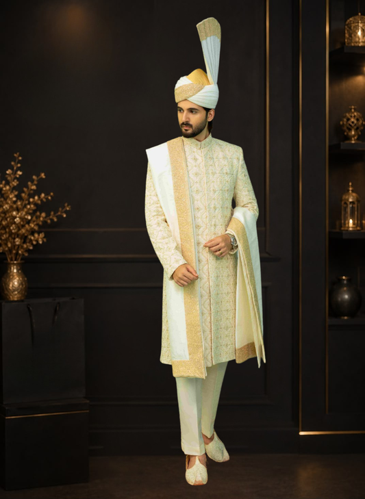Off White Self Embroidered Krundy Wedding Sherwani