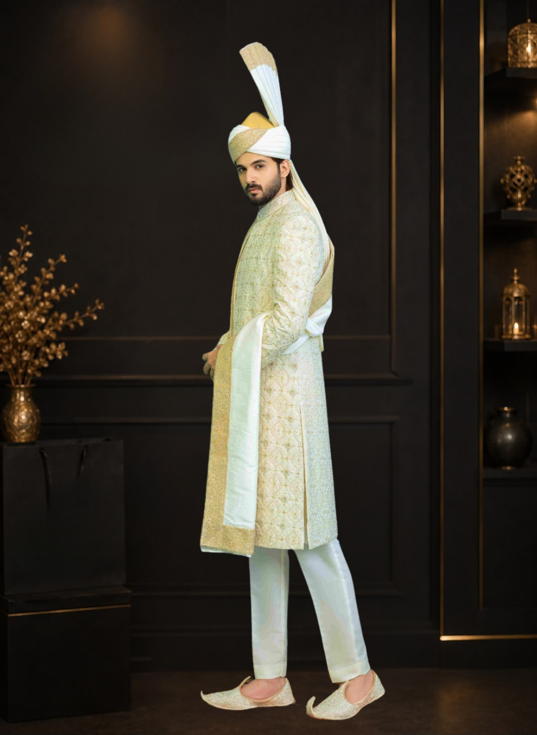 Off White Self Embroidered Krundy Wedding Sherwani