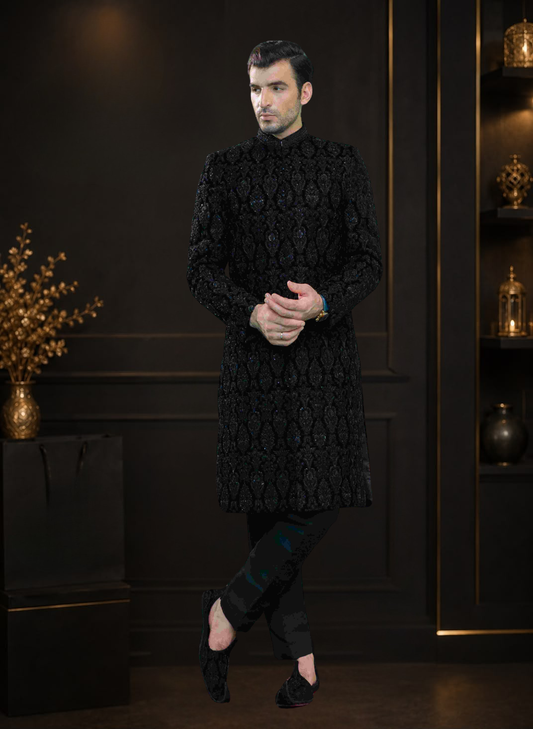 Black Velvet Embroidered Wedding Sherwani