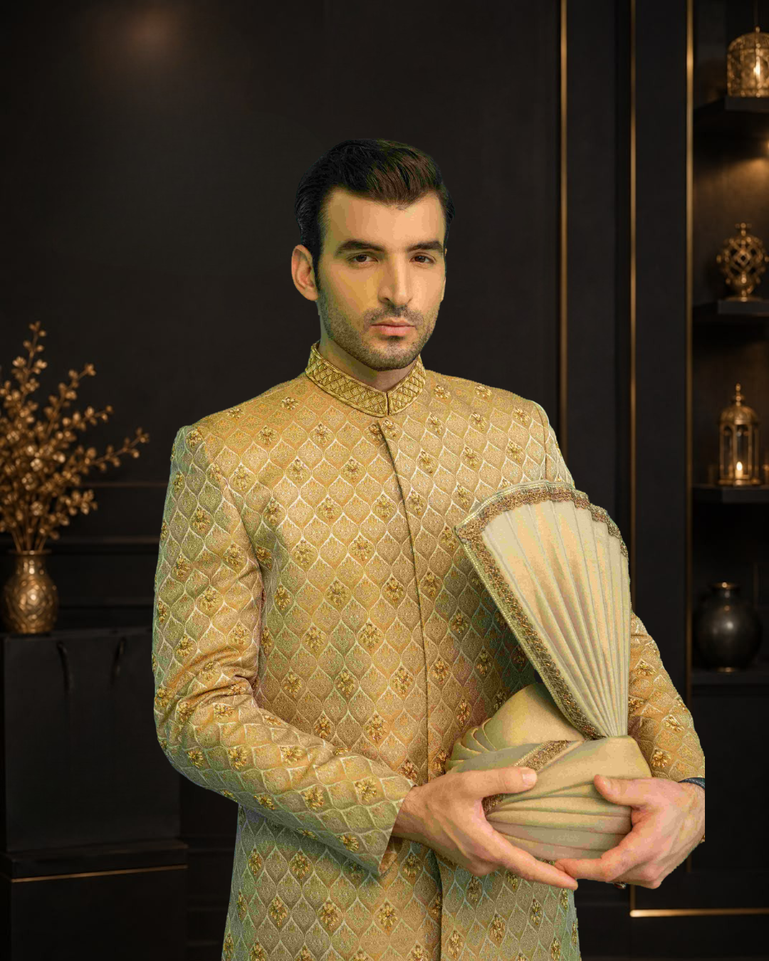 Coffee Self Printed Atlas Wedding Sherwani