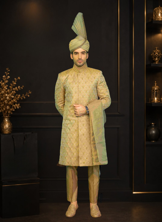 Coffee Self Printed Atlas Wedding Sherwani