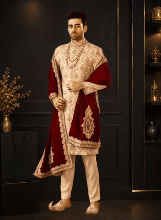 Gold Kundan Zari Embroidered Wedding Sherwani