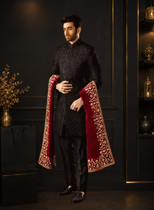 Black Pure Organza Hand Embellished Wedding Sherwani