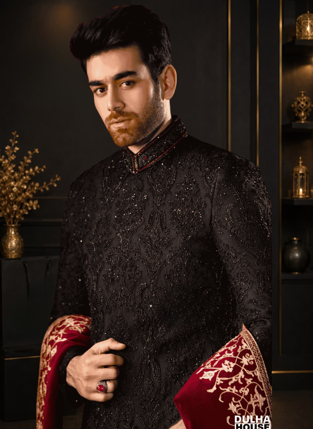 Black Pure Organza Hand Embellished Wedding Sherwani