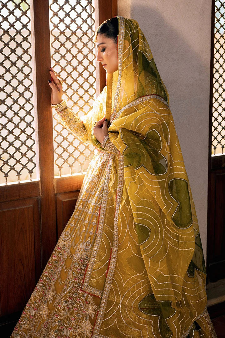 Pakistani Bridal Pishwas Dress with Silk Lehenga & Organza Dupatta – Mehndi Wedding Wear