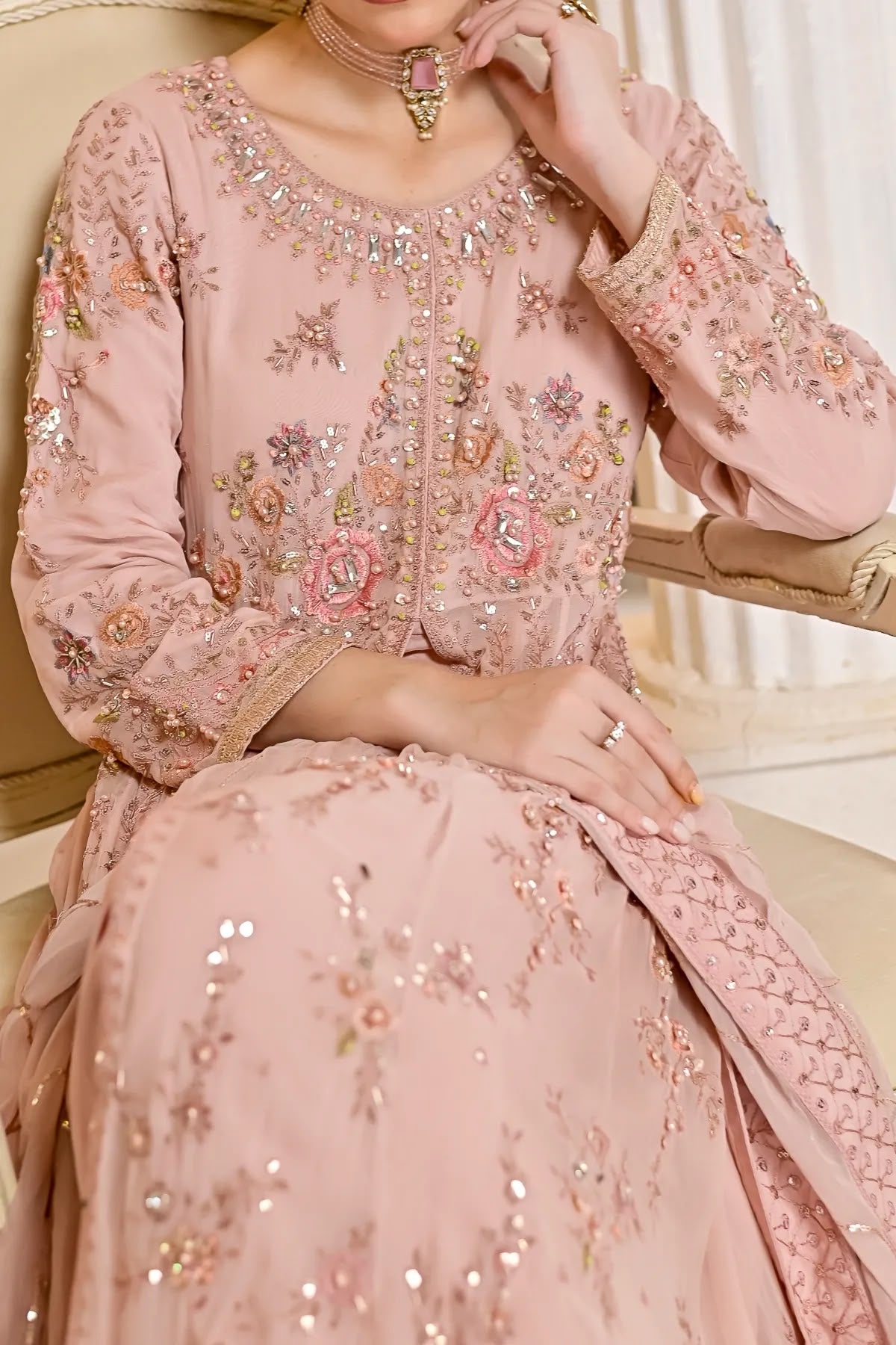 Blush Pink Hand Embroidered Long Front-Open Dress with Dupatta