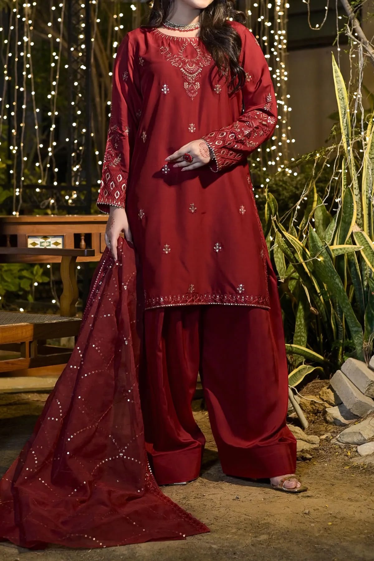 Elegant Maroon Embroidered 3 Piece Suit for Women