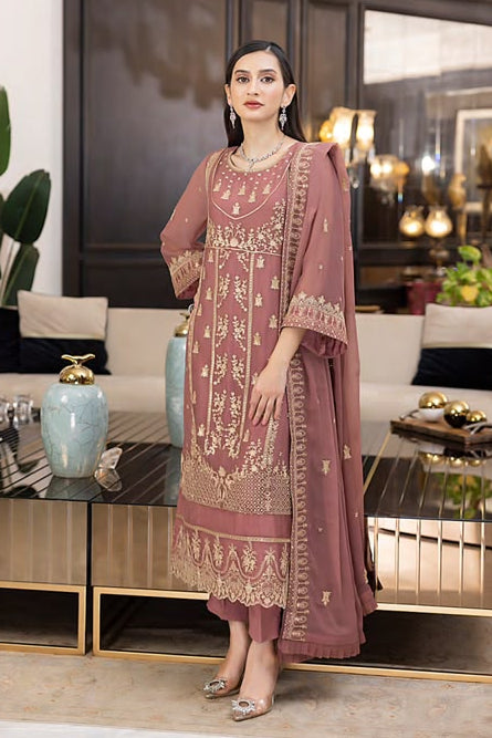 Luxury Sequins Embroidered Chiffon-Rose Pink