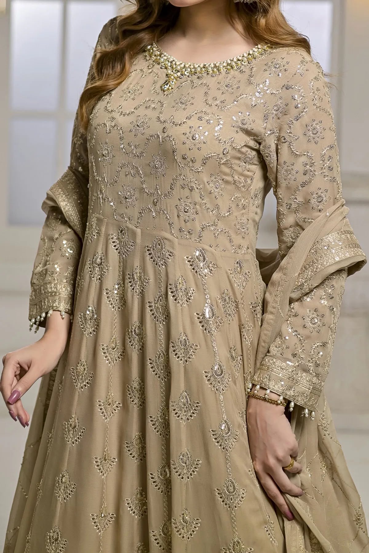 Champagne Golden Hand Embroidered Long Gown with Dupatta