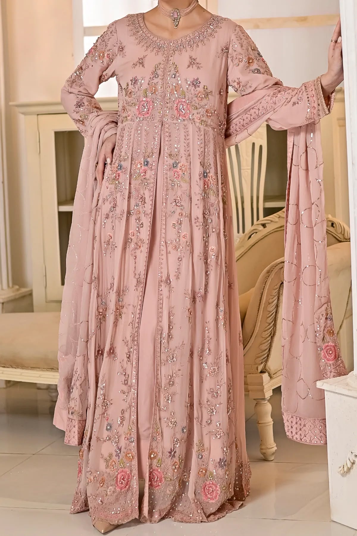 Blush Pink Hand Embroidered Long Front-Open Dress with Dupatta