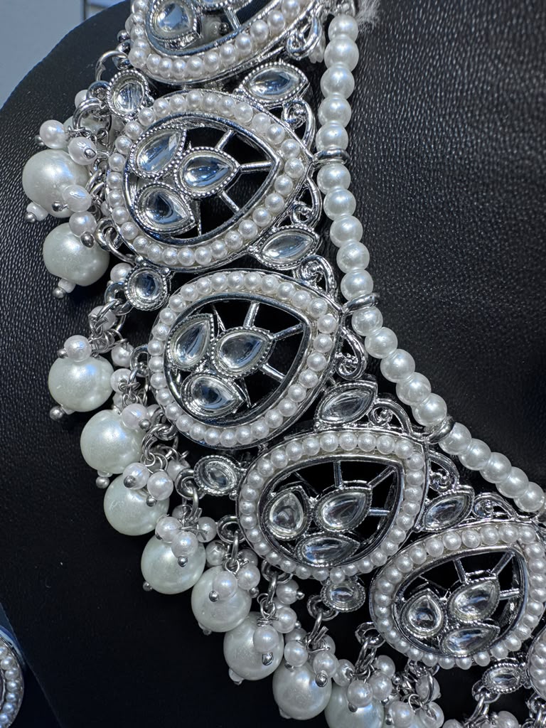 Silver Crystal Bridal Jewelry Set – Necklace, Earrings & Maang Tikka