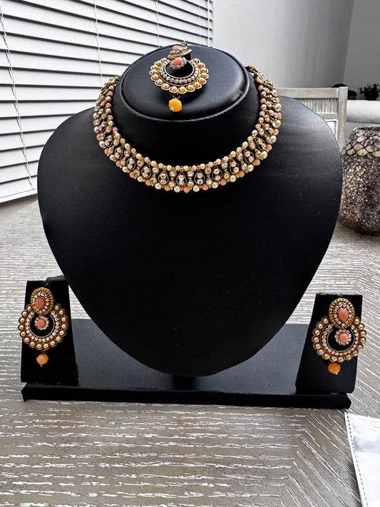 Peach Kundan Choker Jewelry Set – Necklace, Earrings & Maang Tikka
