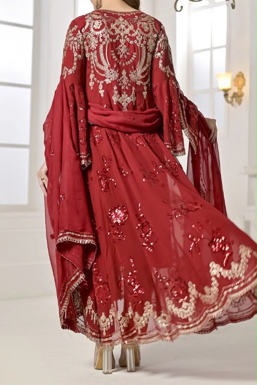 Chiffon Long Dress with Embroidered Gharara & Dupatta