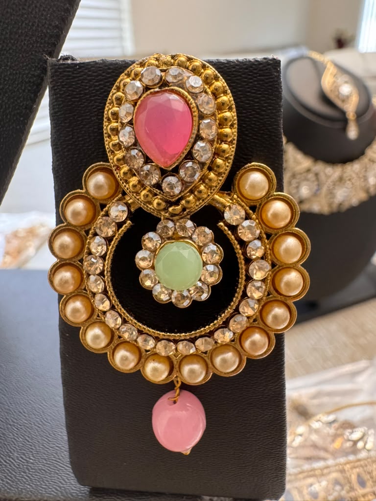 Traditional Pink & Mint Kundan Pearl Jewelry Set