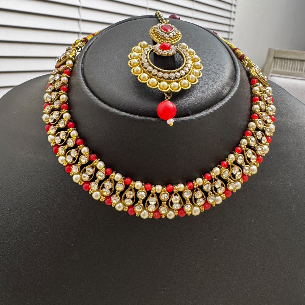 Red Kundan Bridal Jewelry Set with Earrings & Maang Tikka