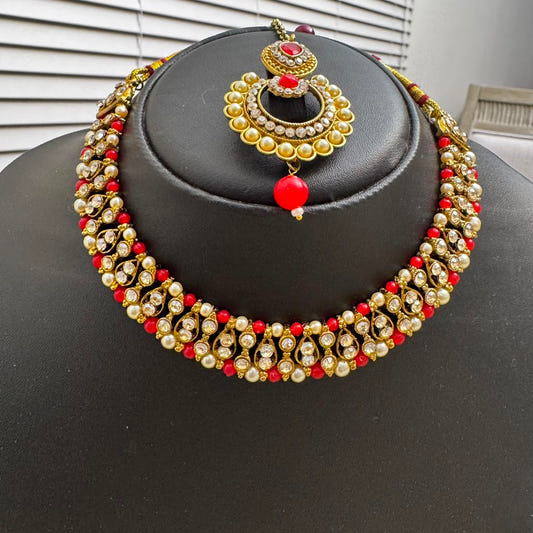 Ruby Red Kundan Choker Jewelry Set – Necklace, Earrings & Maang Tikka - Bridal Jewelry by Eastern Clozet