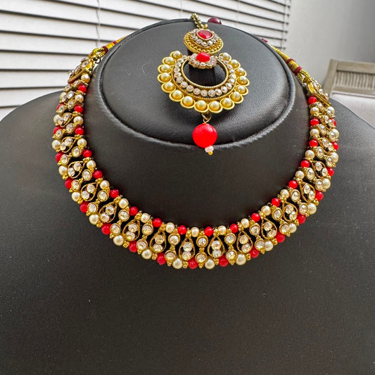 Ruby Red Kundan Choker Jewelry Set – Necklace, Earrings & Maang Tikka
