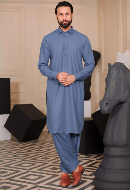 Men’s Blue Shalwar Kameez – Traditional Pakistani | Elegant Ethnic Wear ( MN332 ) - Shalwar Kameez by Eastern Clozet