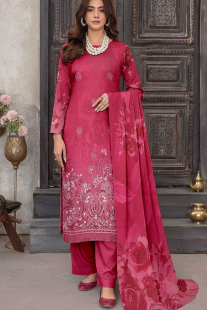 Rose Pink Embroidered Lawn Suit with Chiffon Dupatta