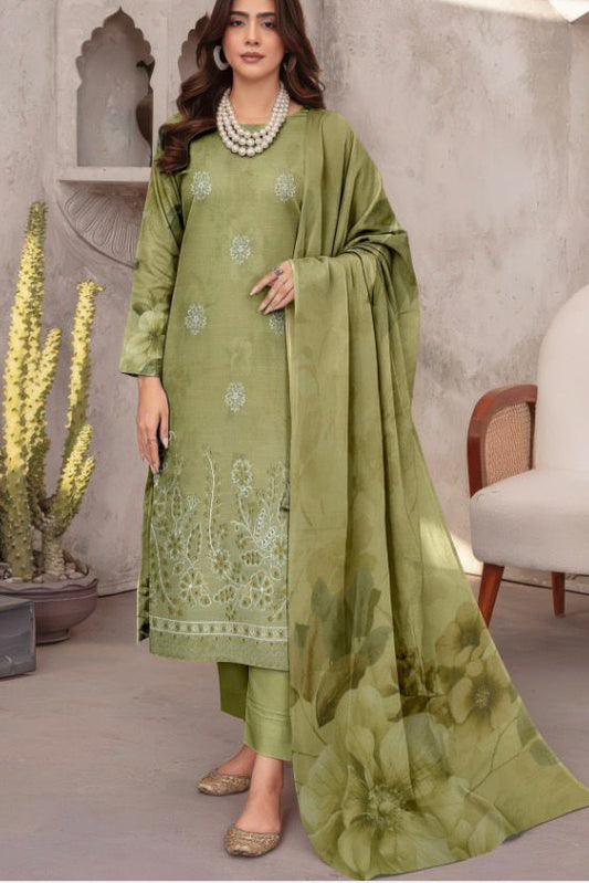 Olive Green Embroidered Lawn with Chiffon Dupatta