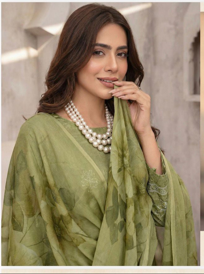Olive Green Embroidered Lawn with Chiffon Dupatta