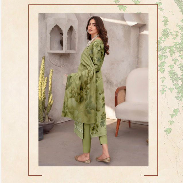 Olive Green Embroidered Lawn with Chiffon Dupatta