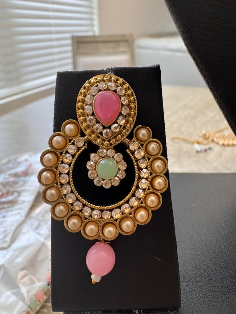 Traditional Pink & Mint Kundan Pearl Jewelry Set