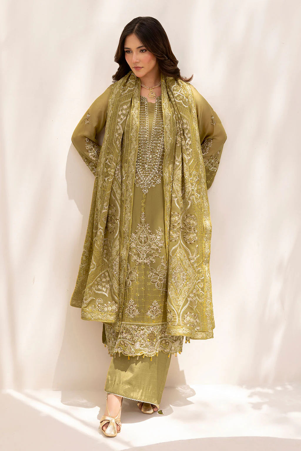 Embroidered Chiffon Suit with Sequins & Hand Embellished Organza ( EC116 )