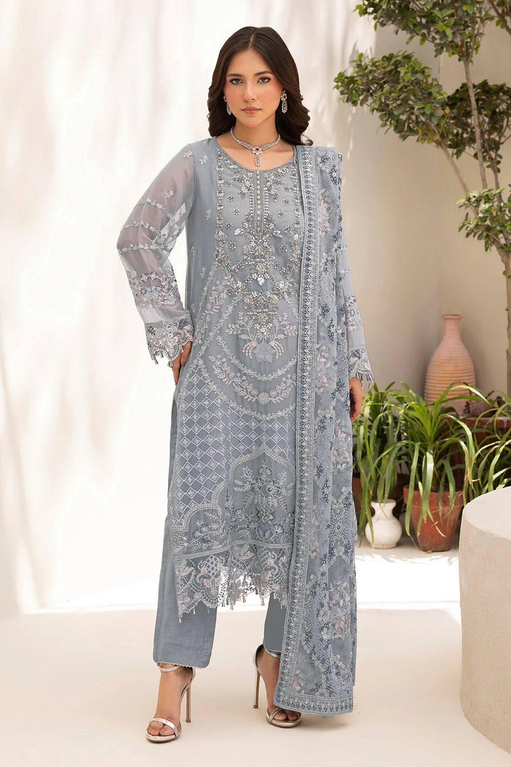 Embroidered Chiffon Suit with Sequins & Hand Embellished Organza ( EC113 )