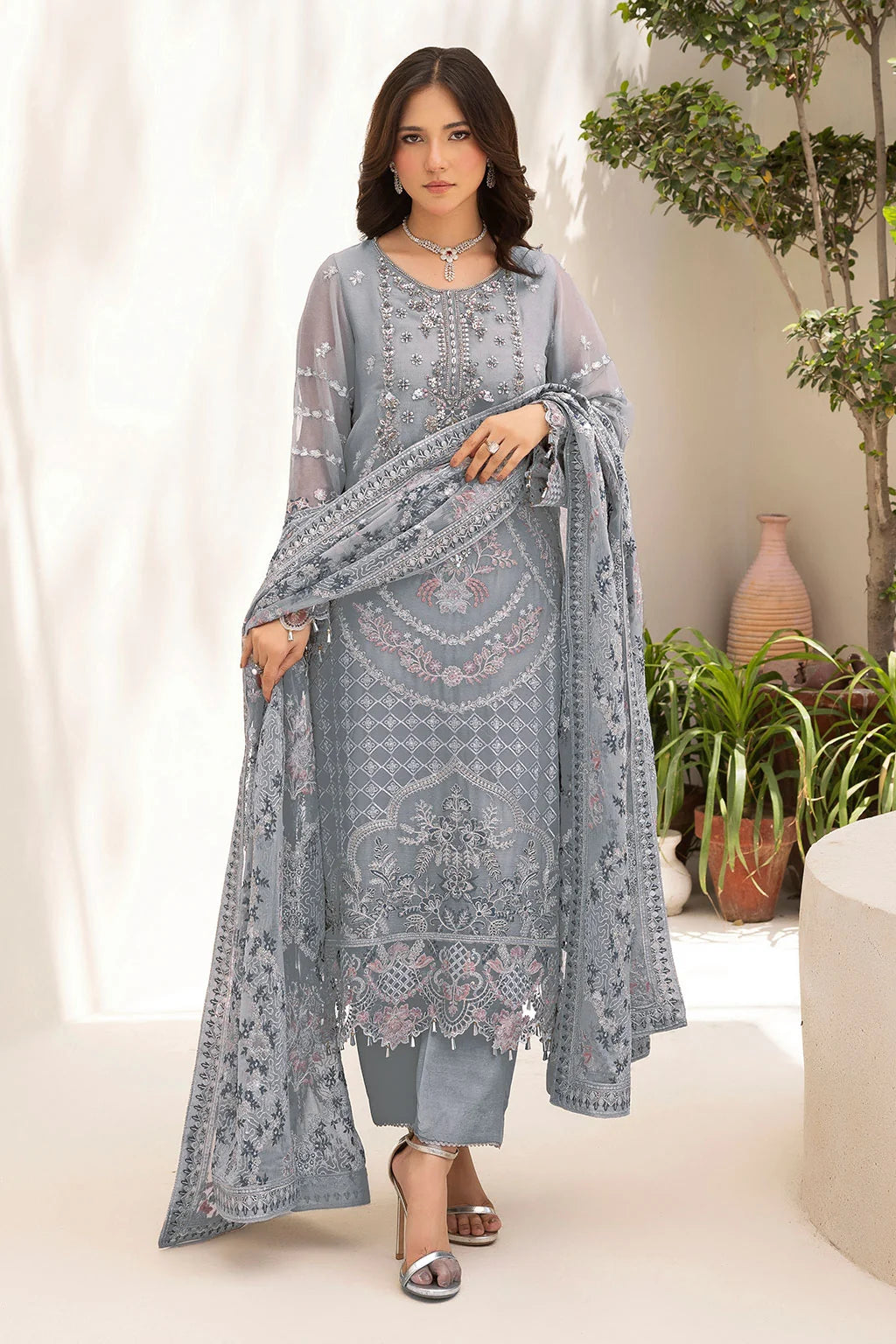 Embroidered Chiffon Suit with Sequins & Hand Embellished Organza ( EC113 )