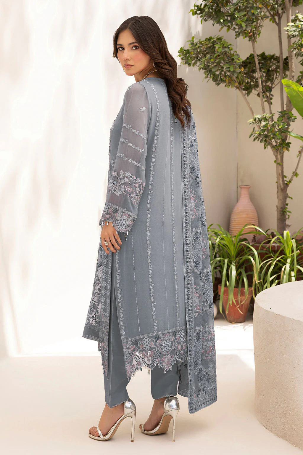 Embroidered Chiffon Suit with Sequins & Hand Embellished Organza ( EC113 )