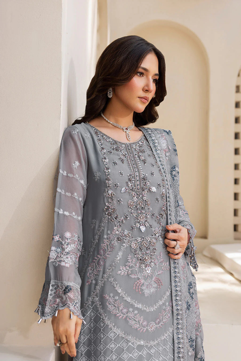 Embroidered Chiffon Suit with Sequins & Hand Embellished Organza ( EC113 )
